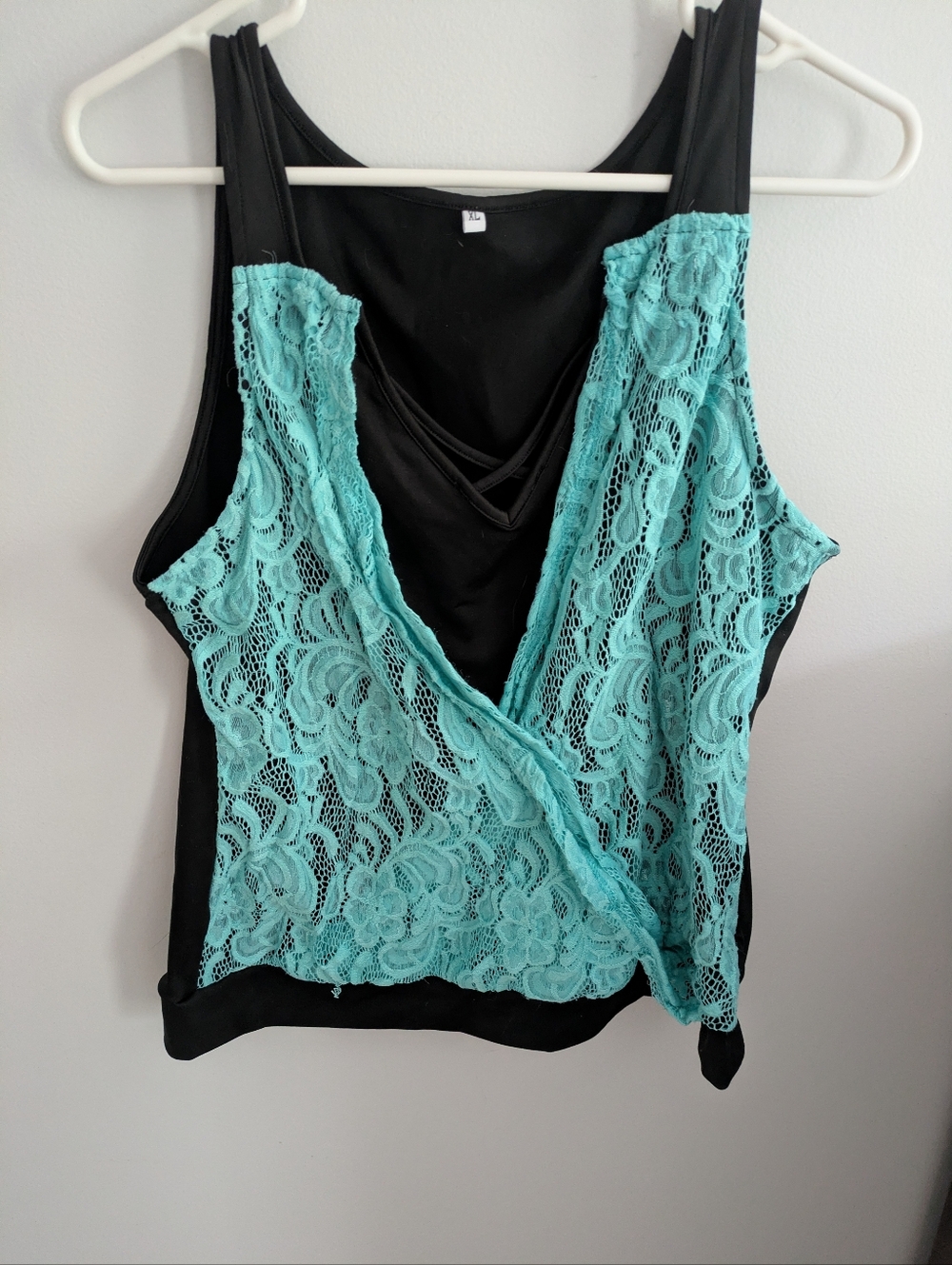 Women's Black and Teal Lace Top XL